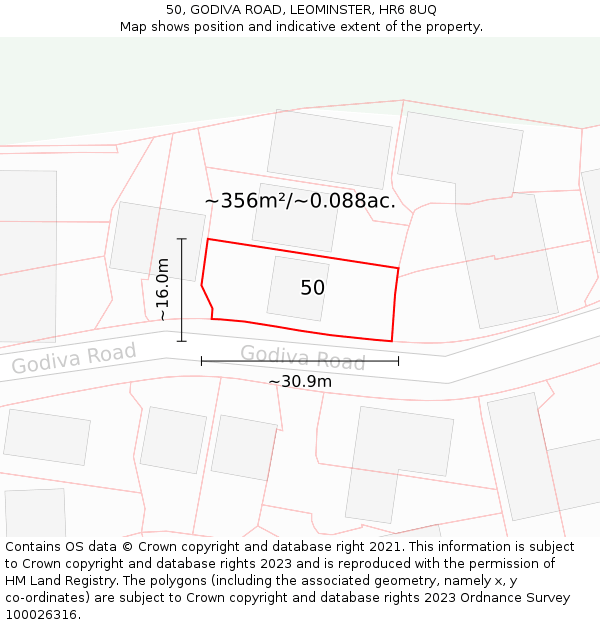50, GODIVA ROAD, LEOMINSTER, HR6 8UQ: Plot and title map