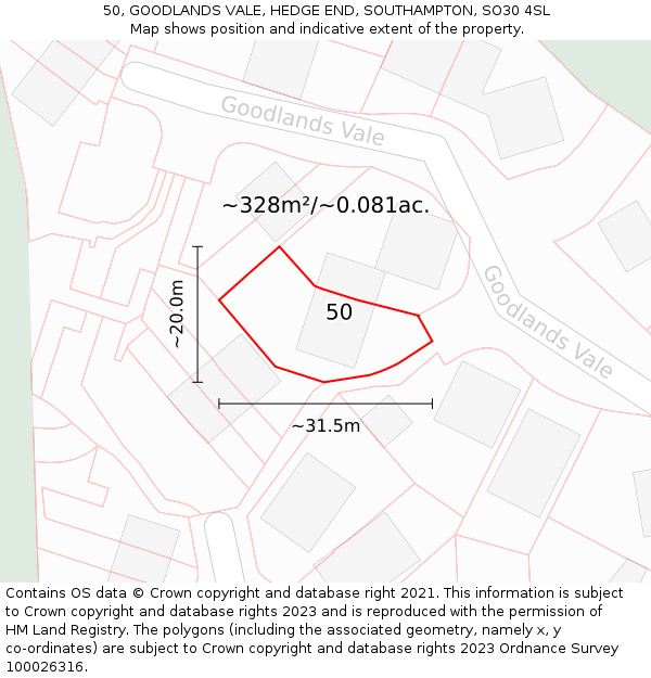 50, GOODLANDS VALE, HEDGE END, SOUTHAMPTON, SO30 4SL: Plot and title map