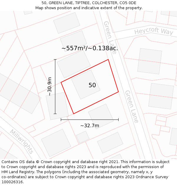 50, GREEN LANE, TIPTREE, COLCHESTER, CO5 0DE: Plot and title map