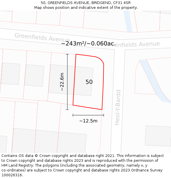 50, GREENFIELDS AVENUE, BRIDGEND, CF31 4SR: Plot and title map