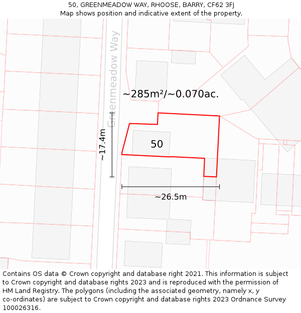 50, GREENMEADOW WAY, RHOOSE, BARRY, CF62 3FJ: Plot and title map