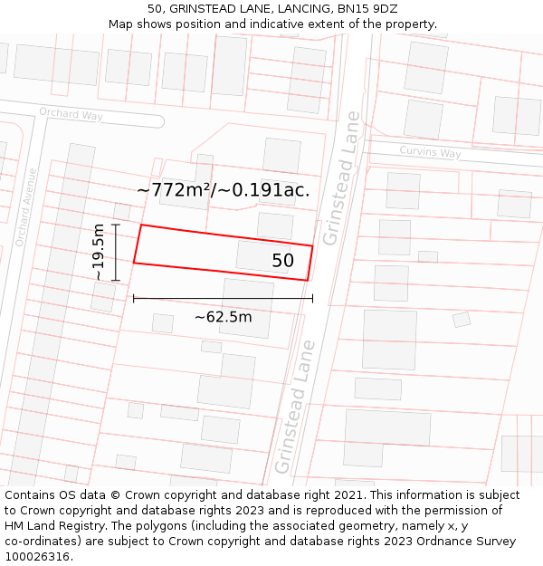 50, GRINSTEAD LANE, LANCING, BN15 9DZ: Plot and title map