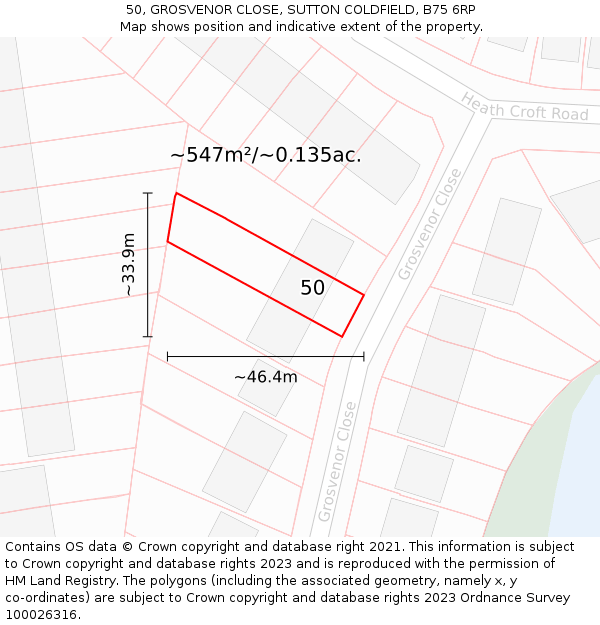 50, GROSVENOR CLOSE, SUTTON COLDFIELD, B75 6RP: Plot and title map