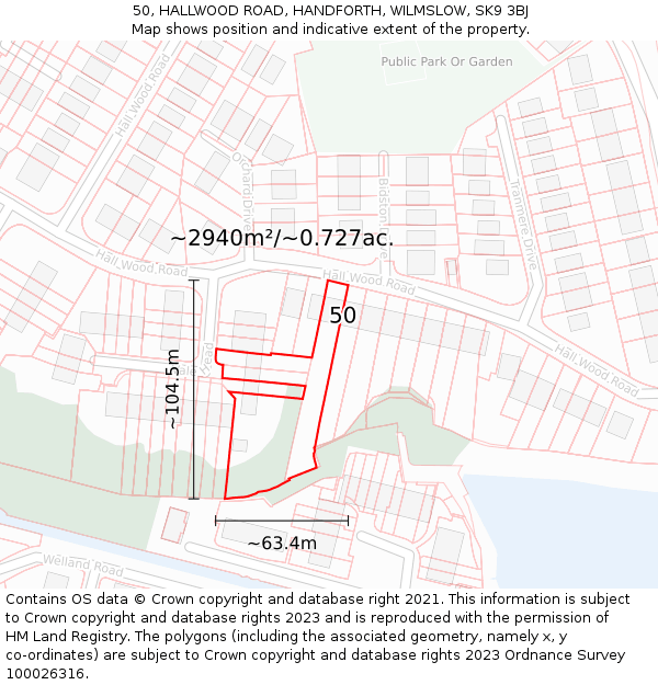 50, HALLWOOD ROAD, HANDFORTH, WILMSLOW, SK9 3BJ: Plot and title map