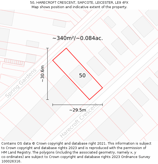 50, HARECROFT CRESCENT, SAPCOTE, LEICESTER, LE9 4FX: Plot and title map
