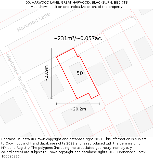 50, HARWOOD LANE, GREAT HARWOOD, BLACKBURN, BB6 7TB: Plot and title map