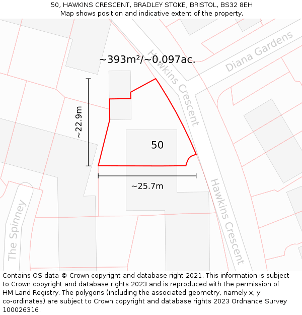 50, HAWKINS CRESCENT, BRADLEY STOKE, BRISTOL, BS32 8EH: Plot and title map