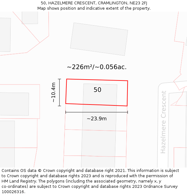 50, HAZELMERE CRESCENT, CRAMLINGTON, NE23 2FJ: Plot and title map
