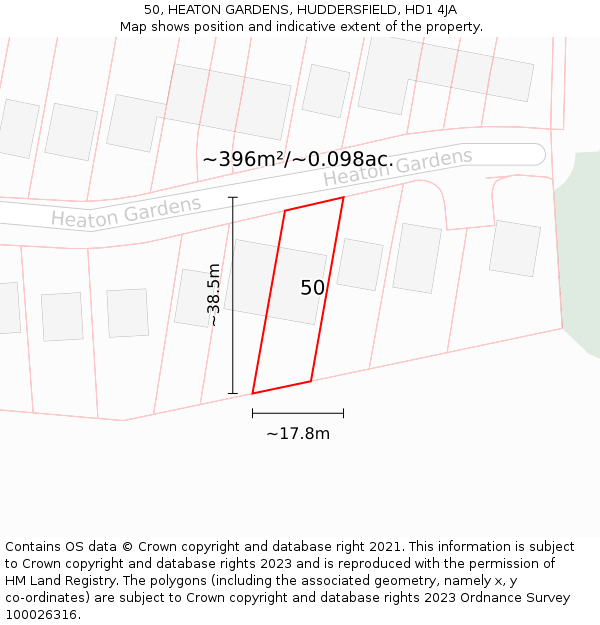 50, HEATON GARDENS, HUDDERSFIELD, HD1 4JA: Plot and title map