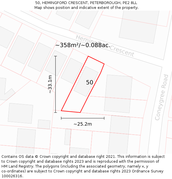 50, HEMINGFORD CRESCENT, PETERBOROUGH, PE2 8LL: Plot and title map