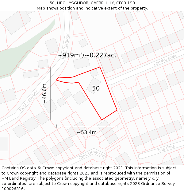 50, HEOL YSGUBOR, CAERPHILLY, CF83 1SR: Plot and title map