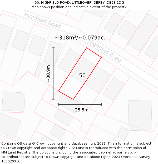 50, HIGHFIELD ROAD, LITTLEOVER, DERBY, DE23 1DG: Plot and title map