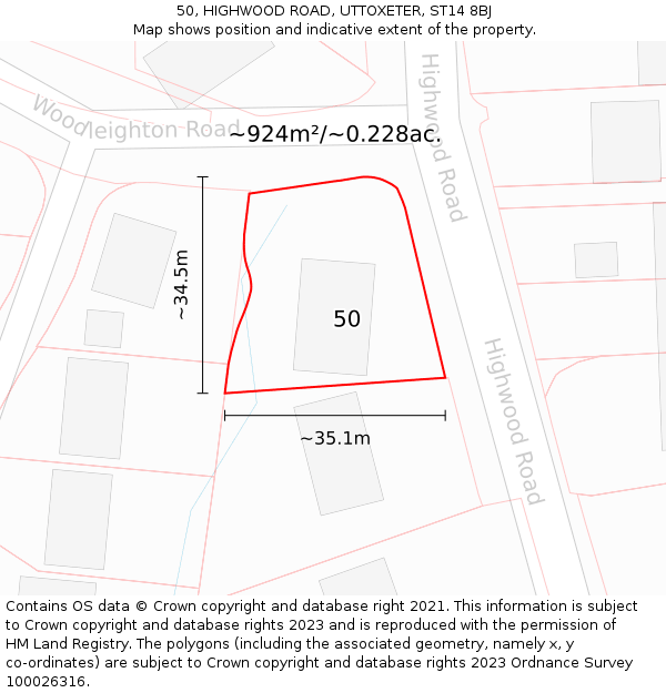 50, HIGHWOOD ROAD, UTTOXETER, ST14 8BJ: Plot and title map