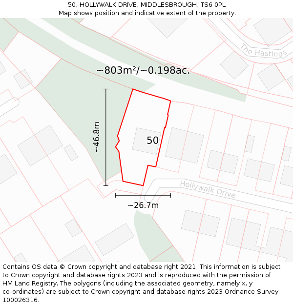 50, HOLLYWALK DRIVE, MIDDLESBROUGH, TS6 0PL: Plot and title map