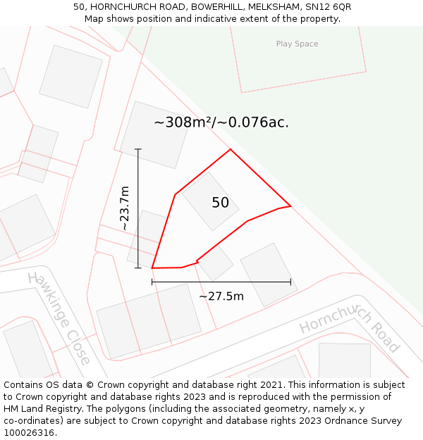 50, HORNCHURCH ROAD, BOWERHILL, MELKSHAM, SN12 6QR: Plot and title map