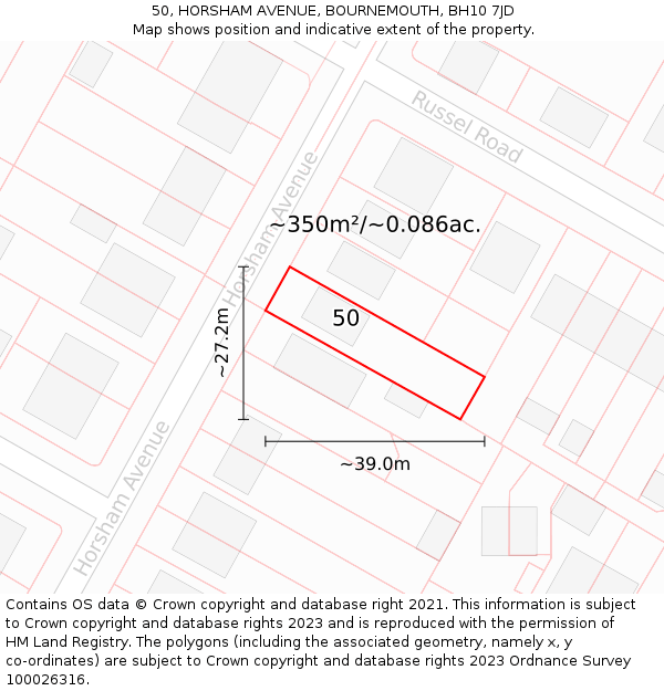 50, HORSHAM AVENUE, BOURNEMOUTH, BH10 7JD: Plot and title map