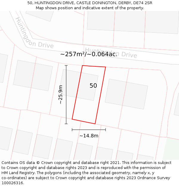 50, HUNTINGDON DRIVE, CASTLE DONINGTON, DERBY, DE74 2SR: Plot and title map