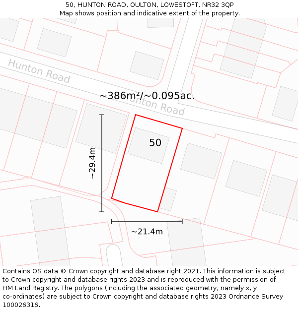 50, HUNTON ROAD, OULTON, LOWESTOFT, NR32 3QP: Plot and title map