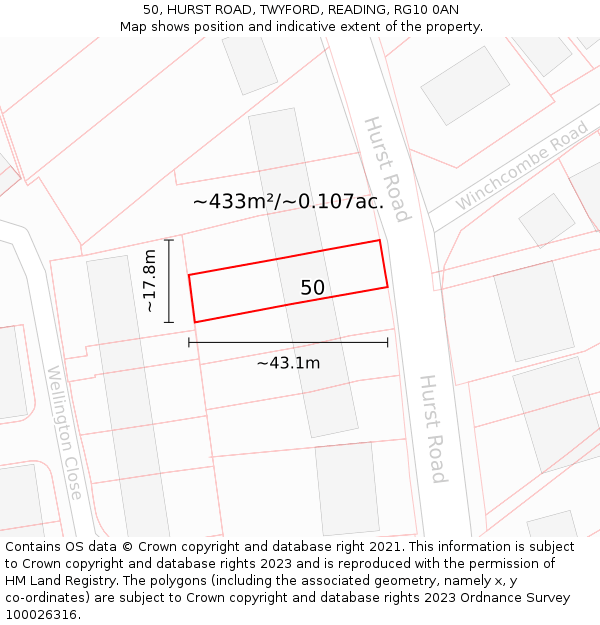 50, HURST ROAD, TWYFORD, READING, RG10 0AN: Plot and title map