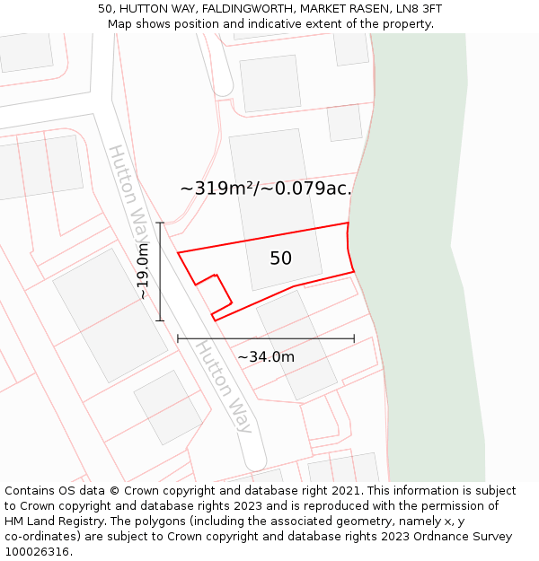 50, HUTTON WAY, FALDINGWORTH, MARKET RASEN, LN8 3FT: Plot and title map
