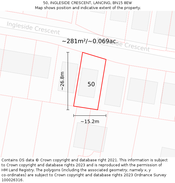 50, INGLESIDE CRESCENT, LANCING, BN15 8EW: Plot and title map