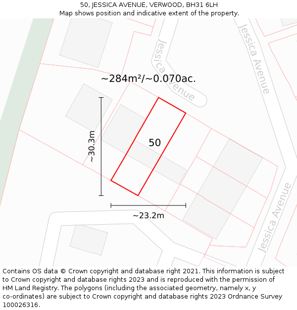 50, JESSICA AVENUE, VERWOOD, BH31 6LH: Plot and title map