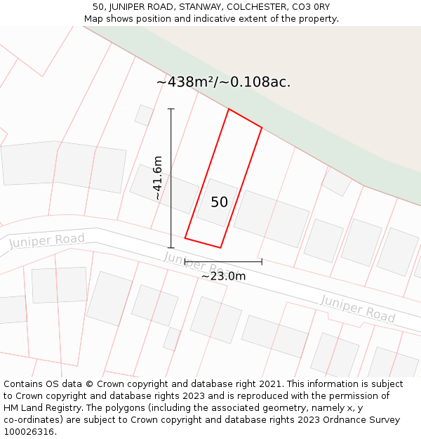 50, JUNIPER ROAD, STANWAY, COLCHESTER, CO3 0RY: Plot and title map