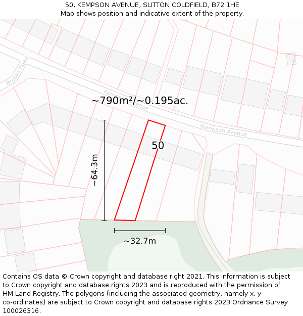 50, KEMPSON AVENUE, SUTTON COLDFIELD, B72 1HE: Plot and title map