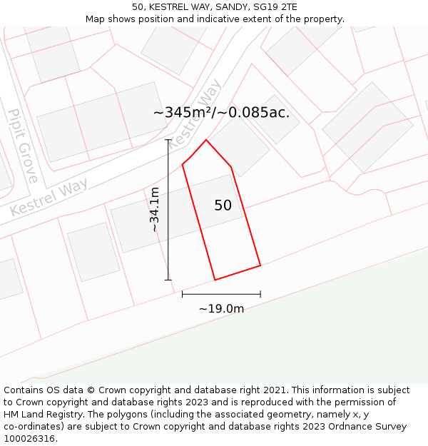 50, KESTREL WAY, SANDY, SG19 2TE: Plot and title map