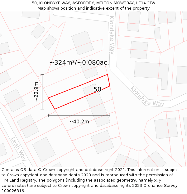 50, KLONDYKE WAY, ASFORDBY, MELTON MOWBRAY, LE14 3TW: Plot and title map