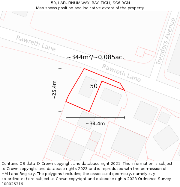 50, LABURNUM WAY, RAYLEIGH, SS6 9GN: Plot and title map