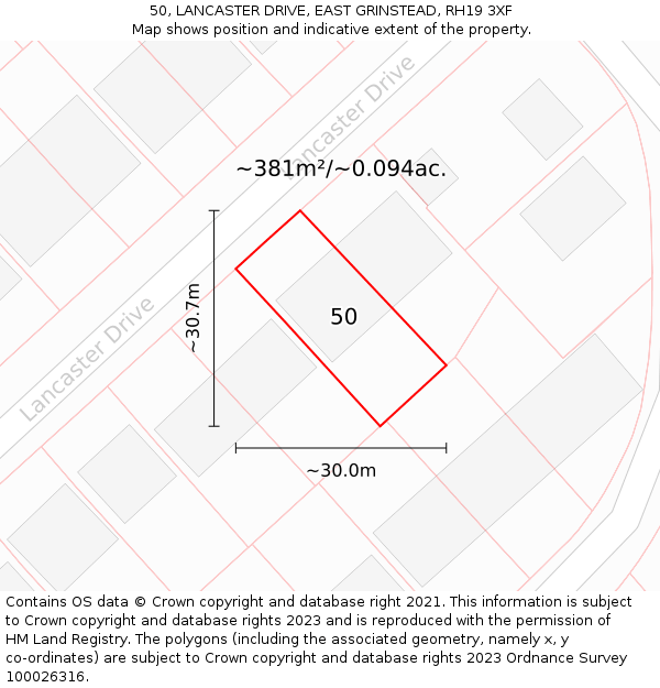 50, LANCASTER DRIVE, EAST GRINSTEAD, RH19 3XF: Plot and title map
