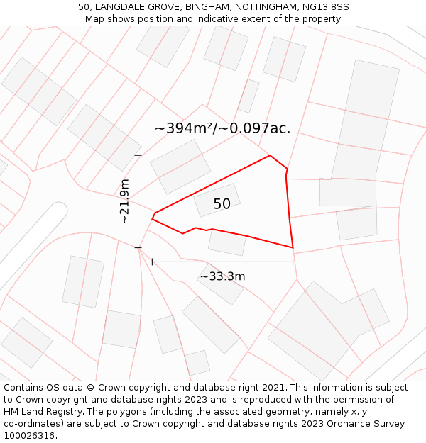 50, LANGDALE GROVE, BINGHAM, NOTTINGHAM, NG13 8SS: Plot and title map