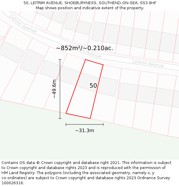 50, LEITRIM AVENUE, SHOEBURYNESS, SOUTHEND-ON-SEA, SS3 9HF: Plot and title map