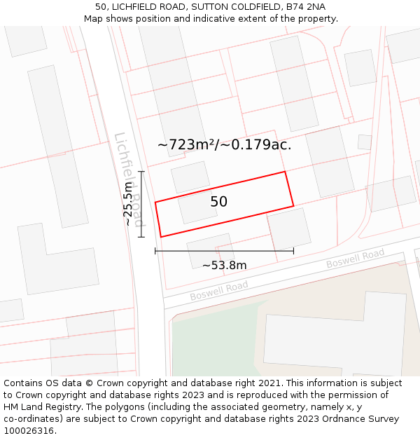 50, LICHFIELD ROAD, SUTTON COLDFIELD, B74 2NA: Plot and title map