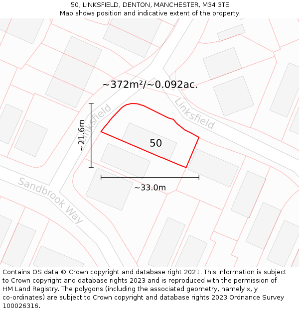 50, LINKSFIELD, DENTON, MANCHESTER, M34 3TE: Plot and title map