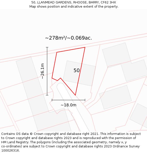 50, LLANMEAD GARDENS, RHOOSE, BARRY, CF62 3HX: Plot and title map