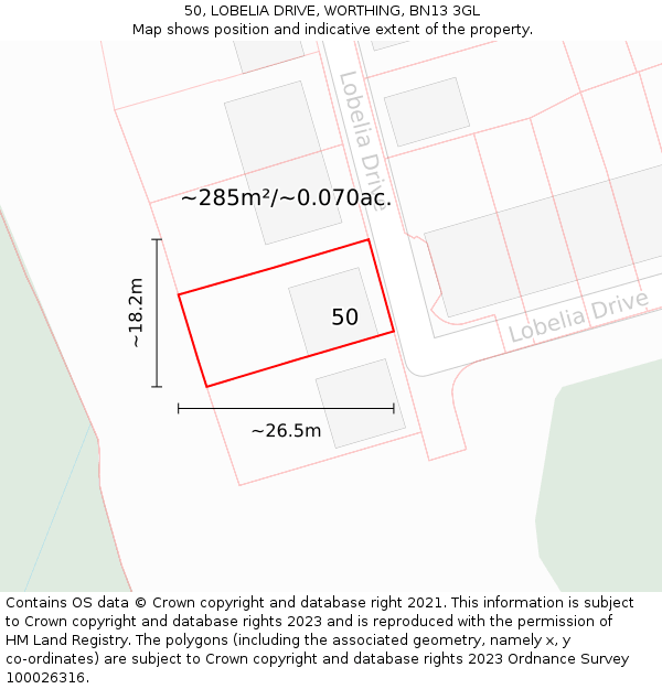50, LOBELIA DRIVE, WORTHING, BN13 3GL: Plot and title map