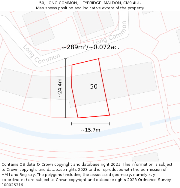 50, LONG COMMON, HEYBRIDGE, MALDON, CM9 4UU: Plot and title map