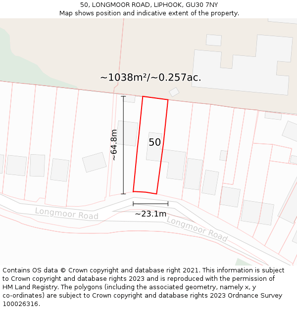 50, LONGMOOR ROAD, LIPHOOK, GU30 7NY: Plot and title map