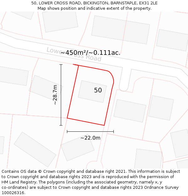 50, LOWER CROSS ROAD, BICKINGTON, BARNSTAPLE, EX31 2LE: Plot and title map