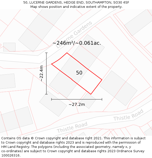 50, LUCERNE GARDENS, HEDGE END, SOUTHAMPTON, SO30 4SF: Plot and title map