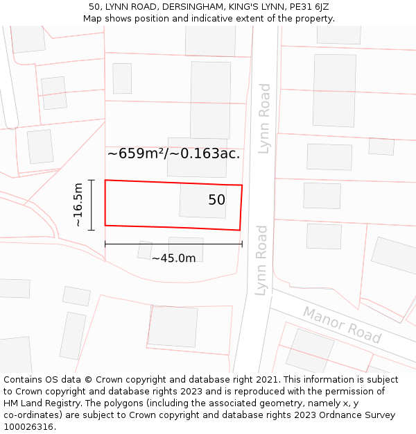50, LYNN ROAD, DERSINGHAM, KING'S LYNN, PE31 6JZ: Plot and title map