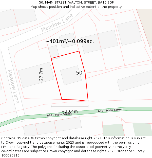 50, MAIN STREET, WALTON, STREET, BA16 9QF: Plot and title map