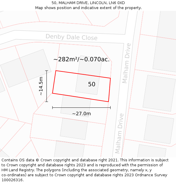 50, MALHAM DRIVE, LINCOLN, LN6 0XD: Plot and title map