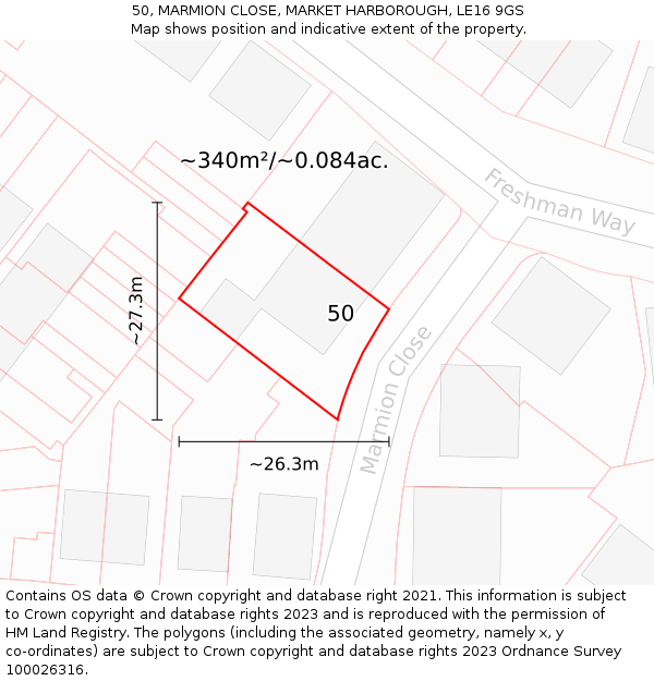 50, MARMION CLOSE, MARKET HARBOROUGH, LE16 9GS: Plot and title map