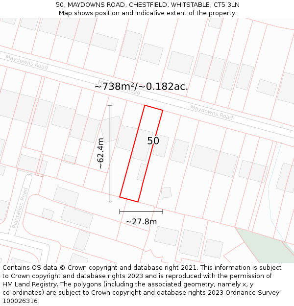 50, MAYDOWNS ROAD, CHESTFIELD, WHITSTABLE, CT5 3LN: Plot and title map