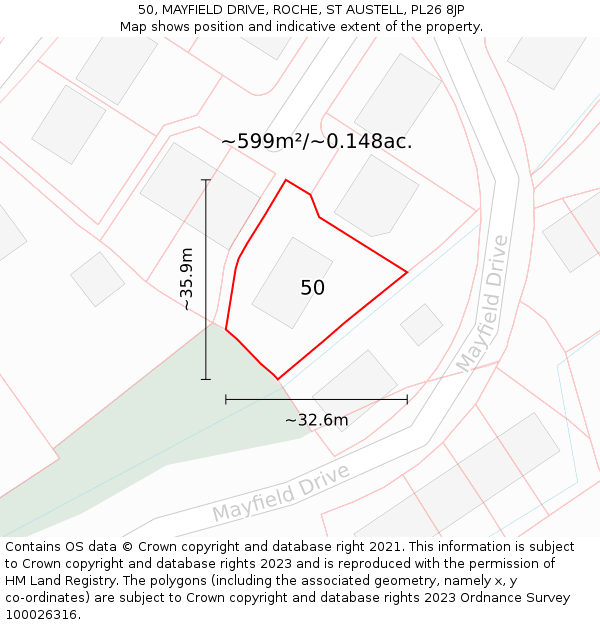 50, MAYFIELD DRIVE, ROCHE, ST AUSTELL, PL26 8JP: Plot and title map
