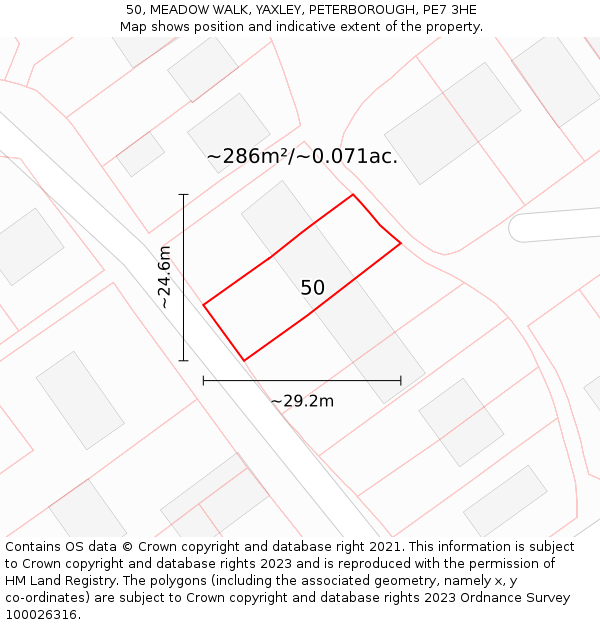 50, MEADOW WALK, YAXLEY, PETERBOROUGH, PE7 3HE: Plot and title map