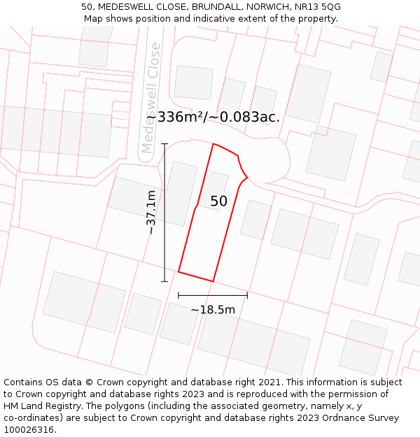 50, MEDESWELL CLOSE, BRUNDALL, NORWICH, NR13 5QG: Plot and title map
